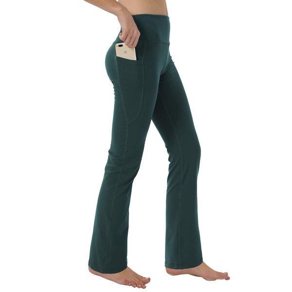 Keolorn Women's Bootleg Yoga Pants with Hidden Pockets Tummy Control Running Legging Long Bootcut (Green, Medium)