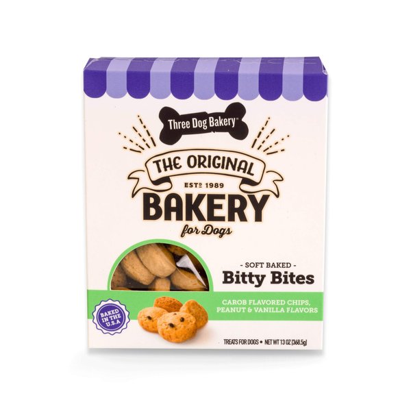 Three Dog Bakery Bitty Bites Trio Soft Baked Cookies for Dogs, Three Flavor Pack; Carob Chip, Peanut, and Vanilla, 13 Ounce Box
