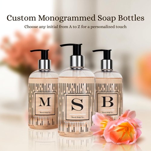 Brevä Soap Co. Monogrammed Letter L Soap | Citrus Bloom Scent | Personalized Monogram Liquid Hand Soap | Choose from Letters A to Z | Cruelty & Paraben Free | Hand Soap for Bathroom -12 oz