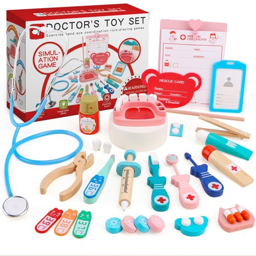 Doctor Kit for Toddlers, 38Pcs Wooden Doctor Pretend Toy Kit, Dentist Play Set with Doctor Apron, Teeth Model Accessories, Doctor Toy Gifts for Christmas Birthday Gifts Boys and Girls Ages 3+