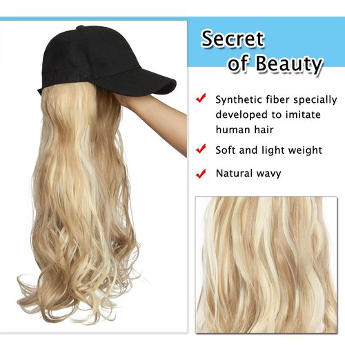 SEGO Baseball Cap with Hair Extensions for Women Adjustable Hat with Hair Attached Synthetic Long Wavy Wig with Black Hat Stylable for Pigtail Ponytail 16 Inch Sandy Blonde&Bleach Blonde 290g