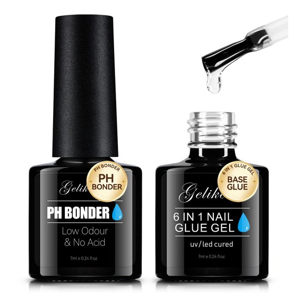gelike ec 6 in 1 Nail Gel Glue Base Gel and Nail Prep PH Bonder Dehydrator Nail Kit 2PCS for Nail Polish, Nail Glue Acid-Free Primer,Super Shiny Stain Resistant for False Nail Tips