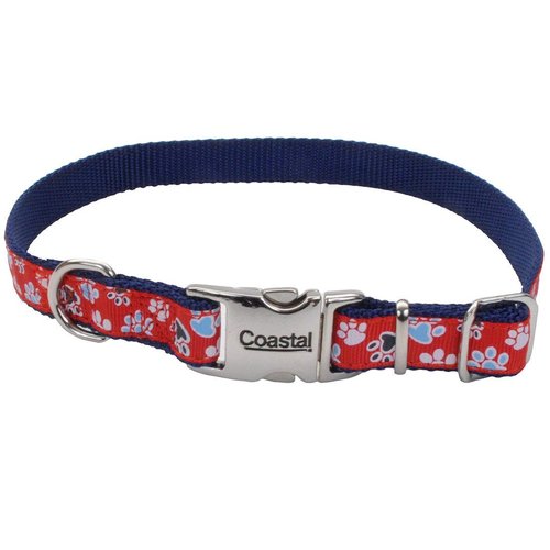 Coastal - Ribbon - Adjustable Dog Collar with Metal Buckle, Red with Paws, 5/8" x 12"-18"