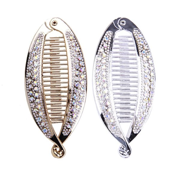 2PCS Crystal Rhinestone Banana Clip Fish Shape Claw Clips Elegant Ponytail Hair Twist Holder for Women Girl Golden Silver