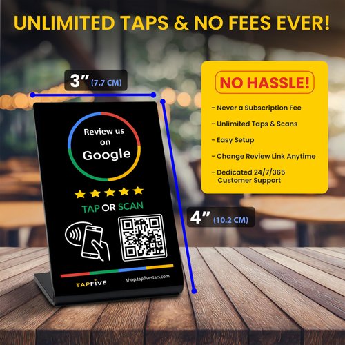 TapFive Google Review Stand compatible with Google Reviews - Tap for Instant Reviews - All Phones Compatible - Reusable Smart Tap NFC & QR - Boost Business Reviews - Zappy Fast (Black, 10-Pack)