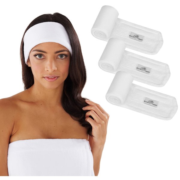 Boca Terry Makeup Headband, Women's Headband for Washing Face, Cotton Terry Cloth Skincare Headbands for Facial, Face Wash, Cosmetic and Skin Care Treatments. Adjustable Towel Headband. 3-Pack, White