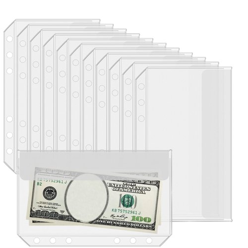 Antner A6 Size Binder Pockets 6-Holes Cash Budget Envelopes for Budgeting Clear PVC Zipperless Binder Pouch Loose Leaf Bags Insert Pages Waterproof Document Folder Filing Bags, 12PCS