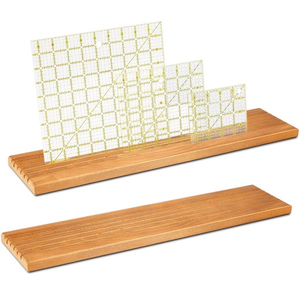 2 Pieces Wooden Ruler Rack Quilting Ruler Rack Organizer Quilting Ruler Holder Wood Quilting Grid Ruler with 5 Slots for Ruler Organizer Home Office Desk Stand (Brown)