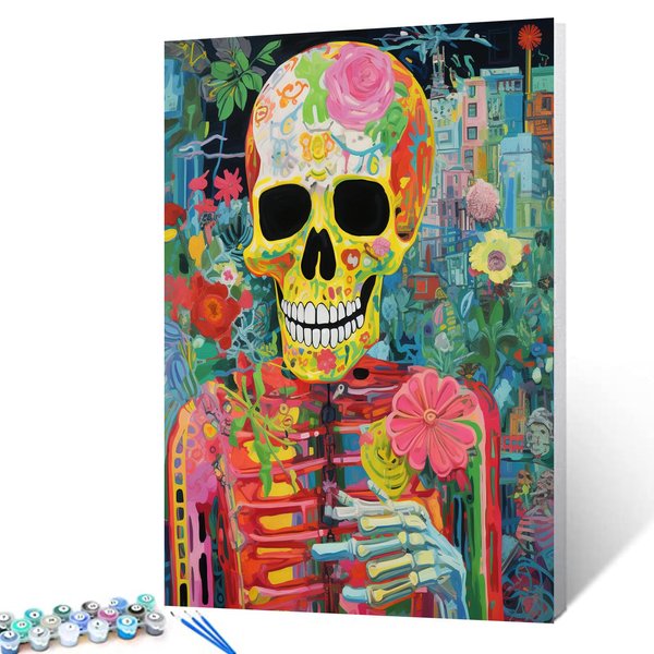 Graffitic Skull Man DIY Paint by Numbers for Adults Tropical Plants DIY Digital Oil Painting Human Skeletoon Painting Kits Canvas Acrylic Paint Living Room Decor 20x16 Inch Boho Gift（Frameless ）