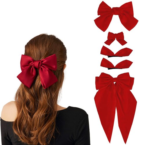 Red Hair Bow - 5PCS Hair Bows for Women Big Red Bow for Hair Oversized Ribbon Bowknot Hairclip Soft Silky Satin Hair Bow Long Tail Hair Bows Clips French Barrette Hair Accessories Gift for Women Girls