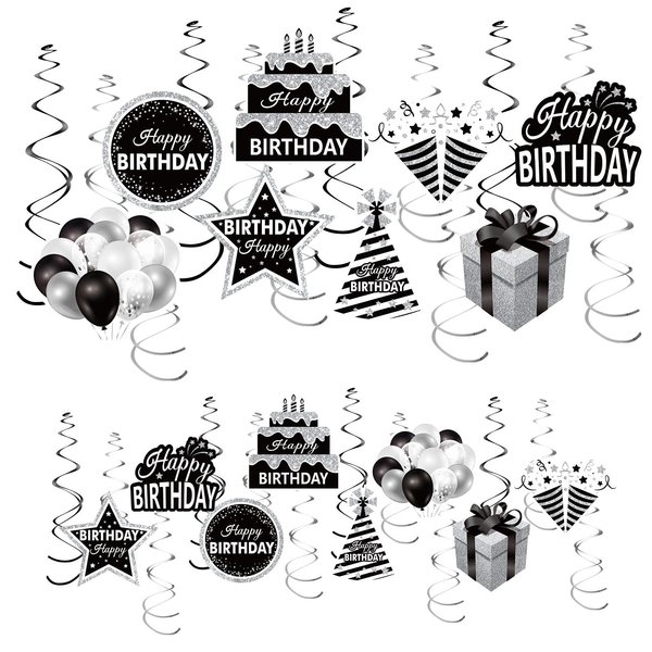16Pcs Black White Silver Birthday Hanging Swirls Decorations for Women Men, Black White Happy Birthday Foil Swirl Party Supplies, 16th 21st 30th 40th 50th 60th Birthday Ceiling Swirl Sign Decor