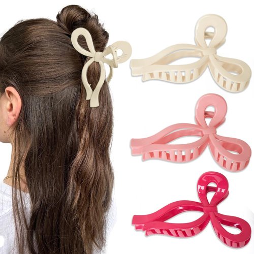 Bmobuo Bows Claw Clips 3Pcs Hair Bows for Women Hair Ribbon 5 Inch Hair Clips Trendy Claw Clips for Thick Hair Pink Ribbon Clips White Coquette Bows