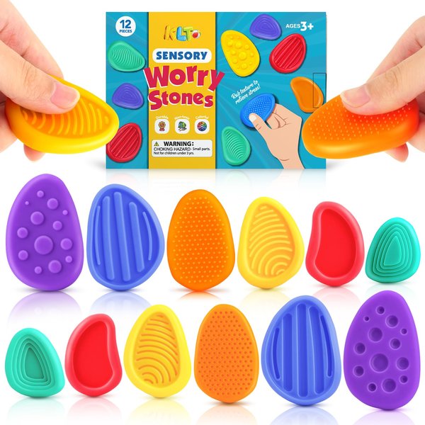 Fidget Toys Sensory Stone for Kids: 12 Pack Texture Worry Stone - Soothing Sensory Tools for Autism Children Calming - Quiet Fidgets for Student Classroom Anxiety Relief