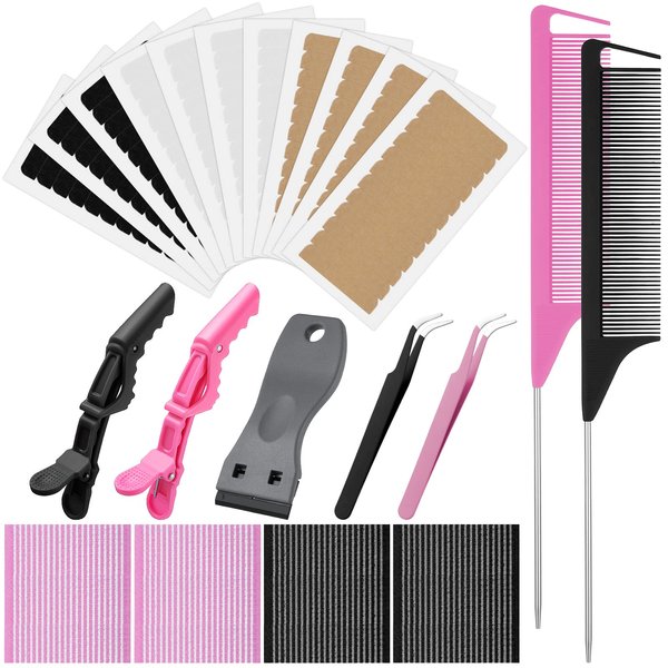 Hair Extension Tape Double Sided Tape for Hair Extensions Replacement Tape for Tape in Hair Extensions with Adhesive Remover Scraper Tool Bang Sticker Clip Alligator Hair Clip Rat Tail Comb Tweezers