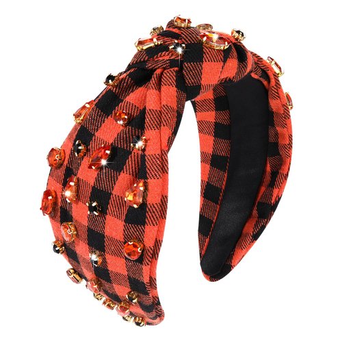 Halloween Headband for Women Black Orange Plaid Rhinestone Crystal Knotted Headband Jeweled Wide Knot Headband Headpiece Halloween Holiday Costume Accessories Gifts (black orange plaid hairband)