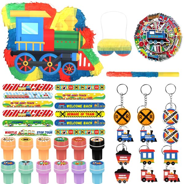 3D Train Pinata Set, Train Themed Birthday Party Game Supplies, Include Stickers Stamps Keychains Slap Bracelets, Train Party Decorations for Kids, Train Pinata for Boys Birthday Party Favors