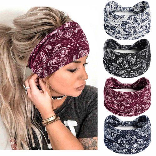 STGDAK Boho Wide Headbands for Women Cashew Pattern Design Hair Bandana Non Slip Head Turbans Stretchy Fabric Elastic Headbands Yoga Sports Running Hairband Hair Accessories for Women Girls 4PCS