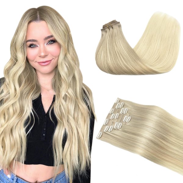 GOO GOO Clip in Hair Extensions Real Human Hair, 18inch 130g 7Pcs, 17/22/60 Balayage Ash Blonde to Golden Blonde and Platinum Blonde, Remy Human Hair Extensions Clip ins for Women, Natural Human Hair