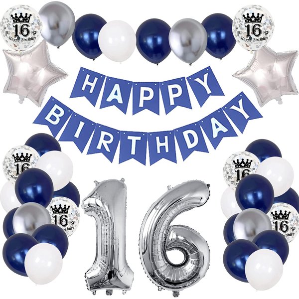 16th Birthday Decorations for Boys Girls, 16th Birthday Party Supplies with HAPPY BIRTHDAY Banner and Number 16 Balloons, Silver Navy Blue Theme Party for Her Sweet 16 Years Old Birthday Decorations