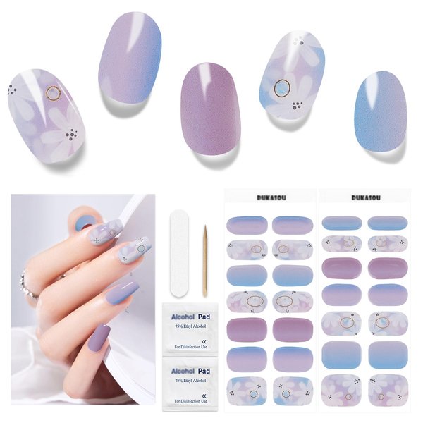 DUKASOU 28pcs Semi Cured Gel Nail Strips, Gel Nail Stickers Kit Work with Any UV Nail Lamps, Long Lasting Gel Nail Wraps for Girl Women, includes Prep Pads, Nail File & Wood Stick(Camellia Sea)