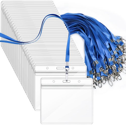 Segarty Lanyards with ID Holder, 50 Pack Horizontal Name Tags Badge Holders, Blue Strap Lanyards for ID Badges, Clear Waterproof Ziplock Plastic Badge Bulk for Business, Student, School, Office