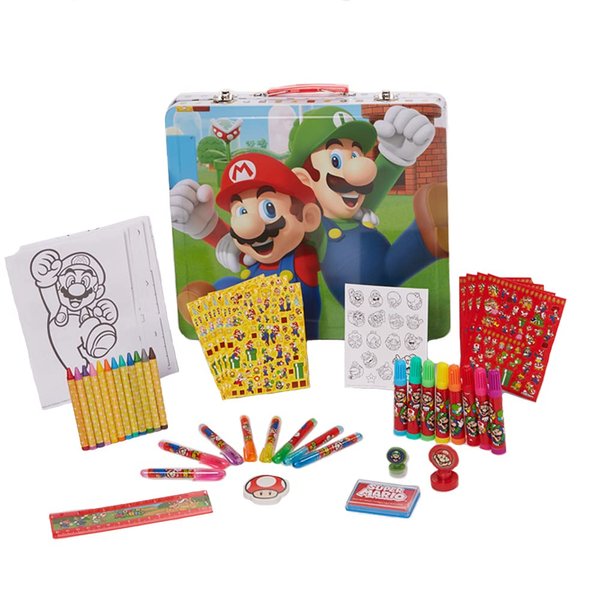 Innovative Designs Mario Brothers Super Mario Deluxe Activity Set with Carrying Tin, Coloring Sheets, Tattoos, Stickers, & Art Supplies