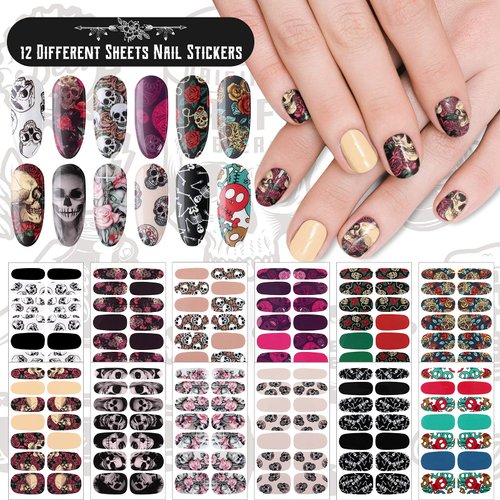 Maitys 168 Pieces Skull Full Wrap Nail Stickers Gothic Art Full Wraps Nail Polish Stickers 3D Self Adhesive Nail Decal Strips with Nail File Girls Nail Decoration