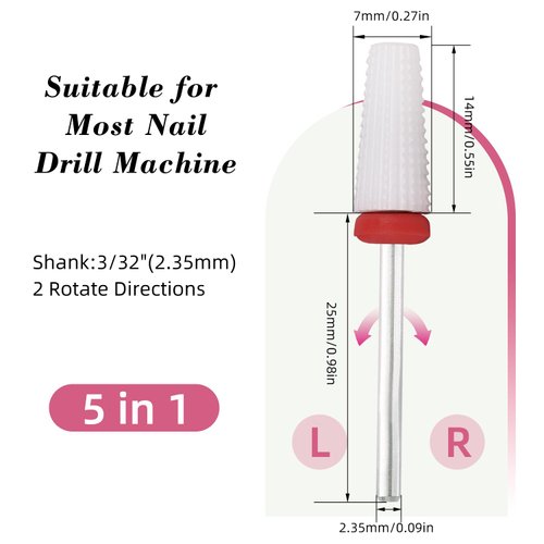 Nail Ceramic 5 in 1 Bit - Two Way Rotate use for Both Left and Right Handed - Fast remove Acrylic or Hard Gel - 3/32" Shank - Manicure, Nail Art, Drill Machine (Fine, White)