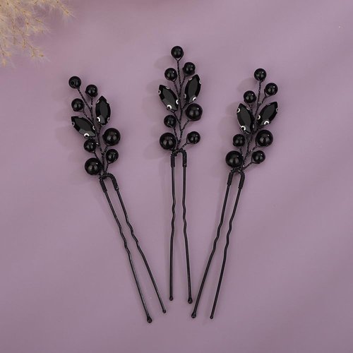 Teyglen 3pcs Pearl Bride Wedding Hair Pins Bridal Crystal Pearl Hair Pins Clips Handmade Black Rhinestone Headpiece Hair Piece Party Hair Accessories for Women Girls (Black)