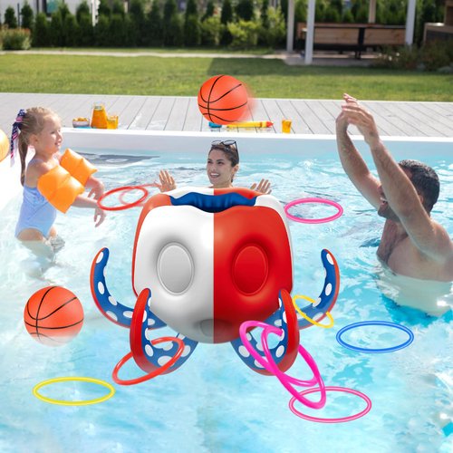 Octopus Pool Toys, 2-in-1 Kids Inflatable Basketball Hoop & Ring Toss Yard Games, Family Party Indoor Outdoor Water Play, Cool Spring Summer Toys for 3 4 5 6 7 8 Yr Old Boy Girl Teen Gift (Red&White)