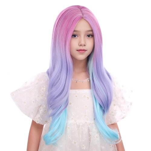 Edivd Rainbow Wig for Kids Long Colorful Middle Part Wig for Girls Multi-color Wavy Curly Wig for Children Purple Pink Wig Heat Resistant Synthetic Wig with Wig Cap