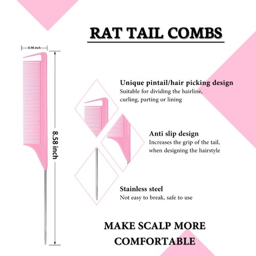 4 Pieces Hair Styling Comb Set Pink - Edges Control Brush, Bristle Teasing Brush, Rat Tail Comb, Wrap Wig Grip Band - Edge Back Combing Brushing Slicking - Women Girls Stylist Baby Beauty Accessories