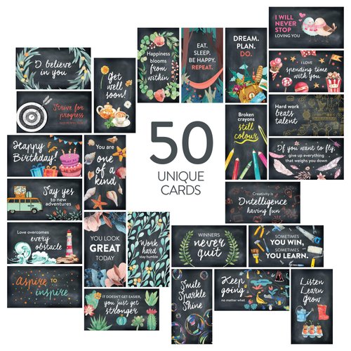 DIVERSEBEE 50 Pack Assorted Inspirational Cards - Motivational Kindness Mini Note Cards, Encouragement Mindfulness Affirmation Card Set with 50 Unique Quotes Business Card Size (Chalkboard)