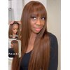 UNICE Yaki Straight Human Hair Wigs with Bangs Chocolate Brown Layered Cut Transparent Lace Glueless Wigs Human Hair Ready to Wear Wig 4# Brown Color 18 inch