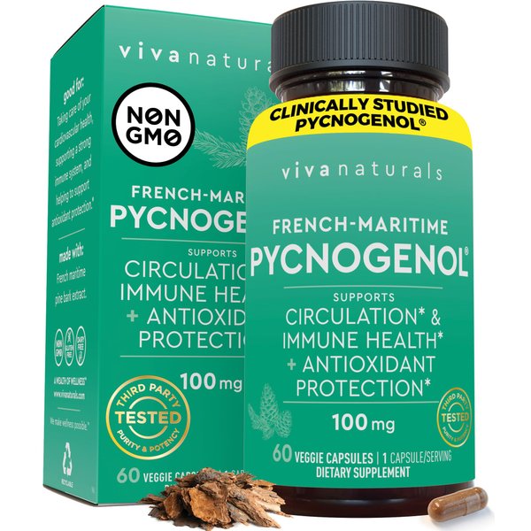 Pycnogenol 100mg from French Maritime Pine Bark Extract Capsules - Healthy Blood Circulation Supplements, Antioxidant Protection, Joint Support and Immune Support - 60 Pycnogenol Supplements