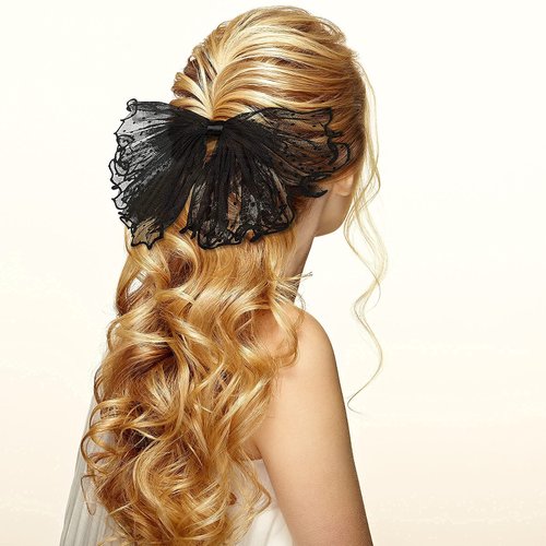 OIIKI 2 Pack Korean-Style Lace Mesh Barrette Hair Clips, Breathable Flower Dot Clips for Wedding, Party, Valentine's Day (Black, White)
