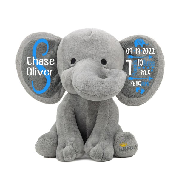 Personalized Elephant Stuffed Animal - Custom Birth Stats Announcement Stuff Elephants Animals for Babies, Baby Shower, Boy, Girl, Newborn, Customized Keepsake Plush Bear Gifts, Gray 9 Inches
