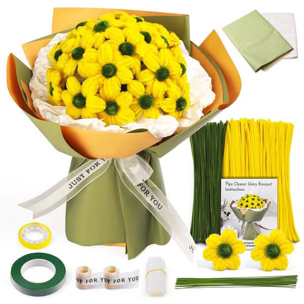 Iuuidu Pipe Cleaners Craft, Pipe Cleaners Craft Supplies 250PCS, Little Daisies Flower Making Kit with Instructions for Adults DIY Arts Crafts Wedding Bouquet Party