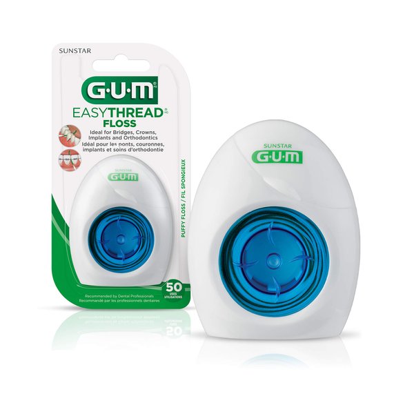 GUM EasyThread Threader Floss - Expanding Dental Floss for Braces, Bridges, and Implants - Built in Rigid Floss Threaders (50 Uses)