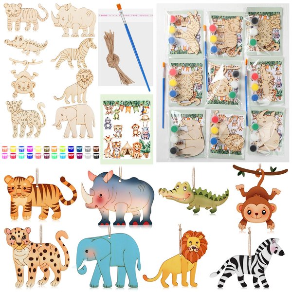 Colingmill 24 Set Safari Party Favors Jungle Craft Kits Supplies DIY Safari Jungle Wooden Painting Kit Wooden Coloring Crafts Wild Animals Birthday Goodie Bags Gifts Prizes