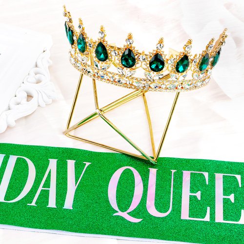 Vovii Birthday Crown & Sash Set for Women, Green Tiara & Birthday Queen Sash for Women Birthday Decorations, Happy Birthday Party Decorations for Birthday Crown Adult Woman