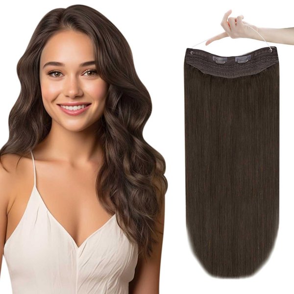 Easyouth Invisible Wire Hair Extensions Human Hair Fish Line Hair Extensions Real Human Hair Darkest Brown #2 Wire Hair Extensions Real Human Hair with Transparent Headband 12 inch 70g