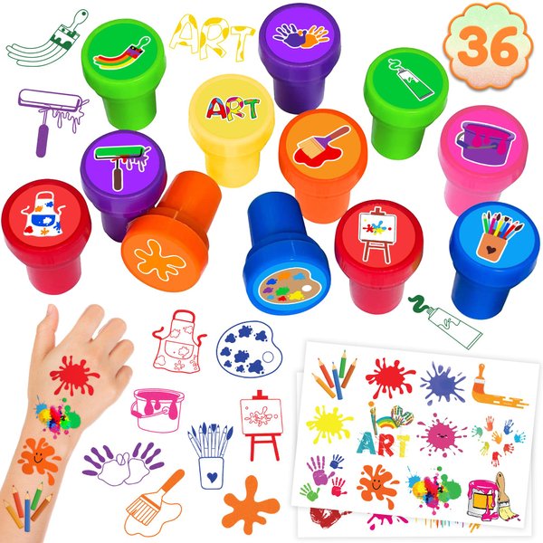 36PCS Art Party Favors 24 Tattoos Sticker 12 Stamp Set - Ideal Painting Paint Artist Themed Birthday Card Decorations Supplies Goodie Bag Cute Rewards for Boys Girls Classroom Gifts Baby Shower Prizes