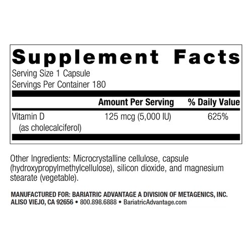 Bariatric Advantage Vitamin D3 5,000 IU - Bariatric Vitamin D - Water-Miscible - Bone Strength Support* - Vitamin D Capsule - Easy Swallow Capsule - for Bariatric Patients - 180 Count