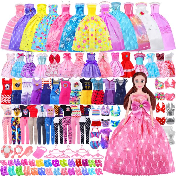 87 Pcs Doll Clothes and Accessories with Doll, Princess Gowns, Fashion Dresses, Slip Dresses, Top & Pants/Jumpsuit, Swimsuits, Shoes, Hangers, Doll Dress up Toys for Girls Kids Toddlers Toy Gifts