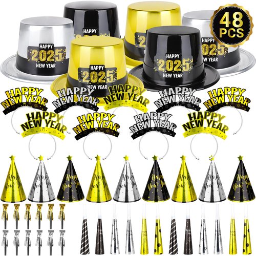 48PCS New Years Eve Party Supplies, New Years Hats for 24 Guests, Happy New Year Headband, New Years Eve Party Favors Cone Hats Horns Blowouts New Years Accessories Plastic Cardboard Adults Kids