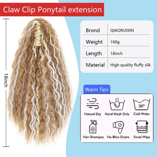 Highlight 18" Ponytail Extension, Claw Clip in Ponytail hair Extensions for Women Long Curly Clip on Hair Ponytail Extension Synthetic Natural Drawstring fake Ponytail StrawberryBlonde & Bleach Blond)