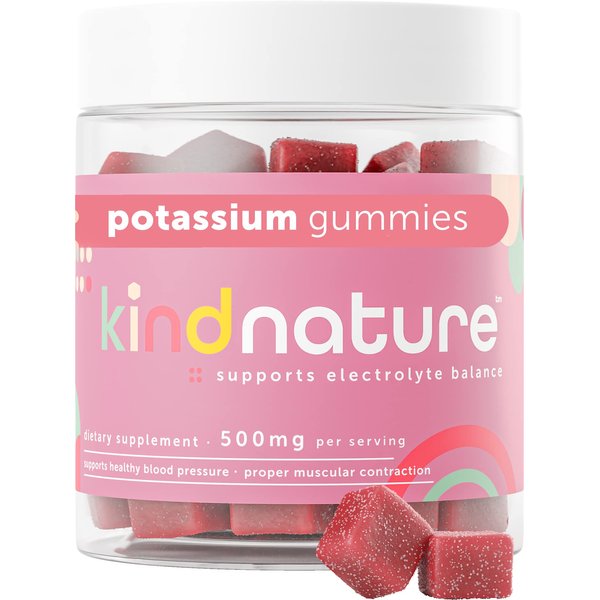 Kind Nature High Potassium Supplement 500mg - Chewable Gummies for Adults & Kids - Pure Potassium Bicarbonate Mineral Supplement - Vegan, Gluten Free, Non GMO - 60 Gummies (30 Day Supply)