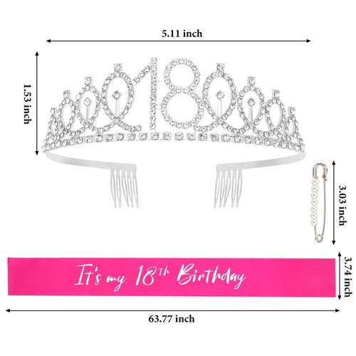 CAVETEE Silver Sweet 16 Birthday Sash and Tiara, 16th Sliver Crown & Hot Pink Sweet 16 "Sash for Girls Kit Birthday Decoration 16th Birthday Party Gifts Birthday Party Supplies