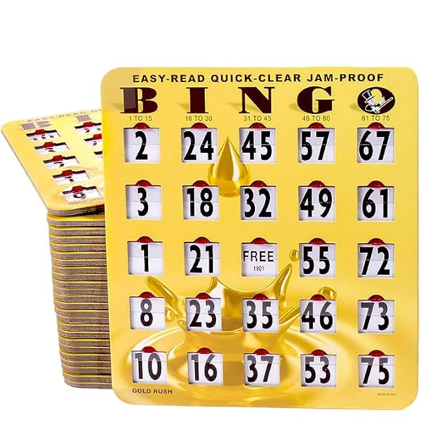 MR CHIPS Jam-Proof Easy-Read Quick-Clear Large Print Fingertip Slide Bingo Cards with Sliding Windows - 10 Pack in Gold Rush Style